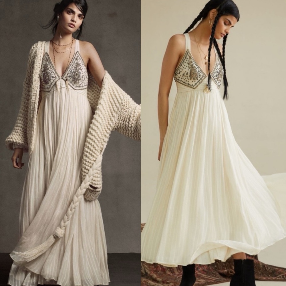 Anthropologie Ivory Maxi Dress with Embroidered Bodice